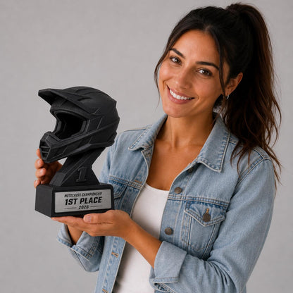 Trofeo Motocross Personalizzato Stampa 3D Nero | Premio Gara Enduro Design Casco | Regalo Pilota Placca Incisa