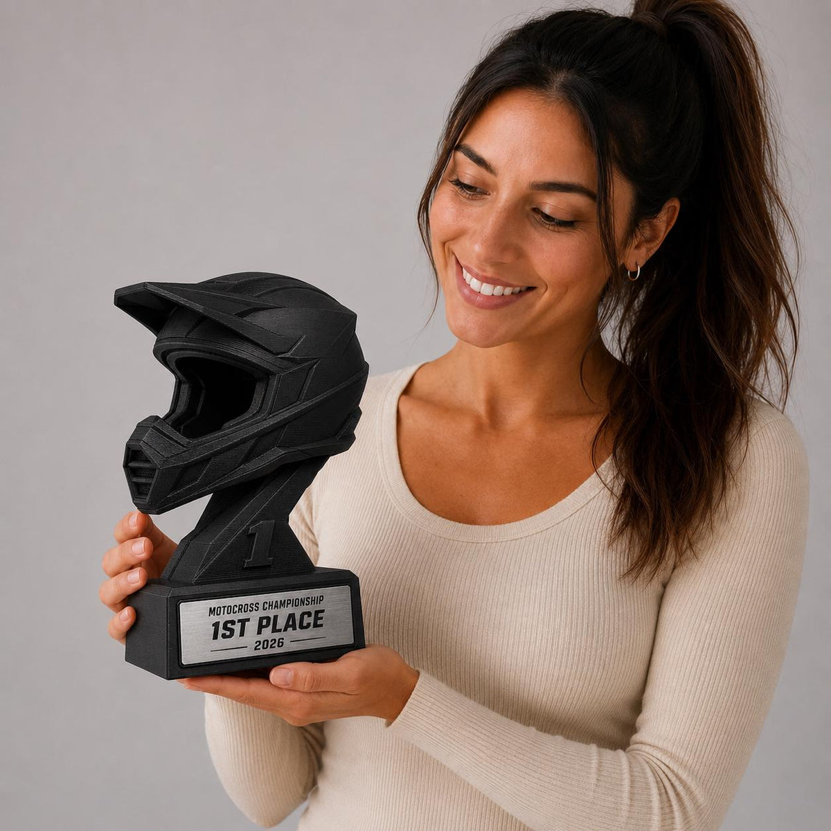 Trofeo Motocross Personalizzato Stampa 3D Nero | Premio Gara Enduro Design Casco | Regalo Pilota Placca Incisa