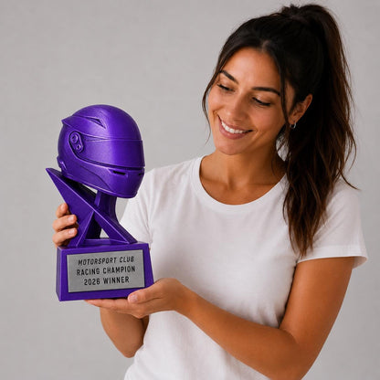 Trofeo Motorsport Personalizzato Stampa 3D Viola | Premio Go-Kart Sim Racing Casco Corsa | Regalo Pilota Placca Incisa Personalizzabile