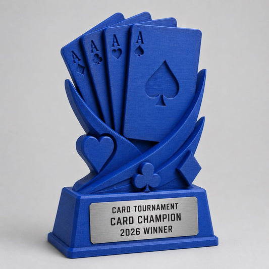 Trofeo Carte Personalizzato Stampa 3D Blu | Premio Torneo Poker Burraco Design Assi | Regalo Giocatore Placca Incisa Personalizzabile