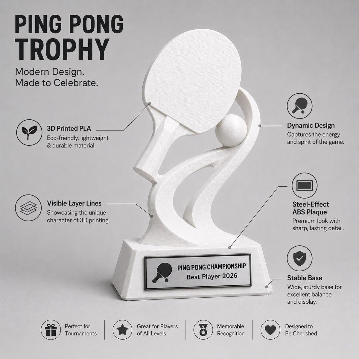 Trofeo Ping Pong Personalizzato Stampa 3D Bianco | Premio Torneo Tennis Tavolo Design Racchetta | Regalo Giocatore Placca Incisa