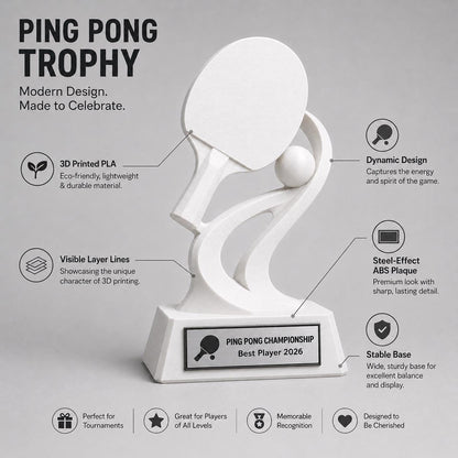 Trofeo Ping Pong Personalizzato Stampa 3D Bianco | Premio Torneo Tennis Tavolo Design Racchetta | Regalo Giocatore Placca Incisa