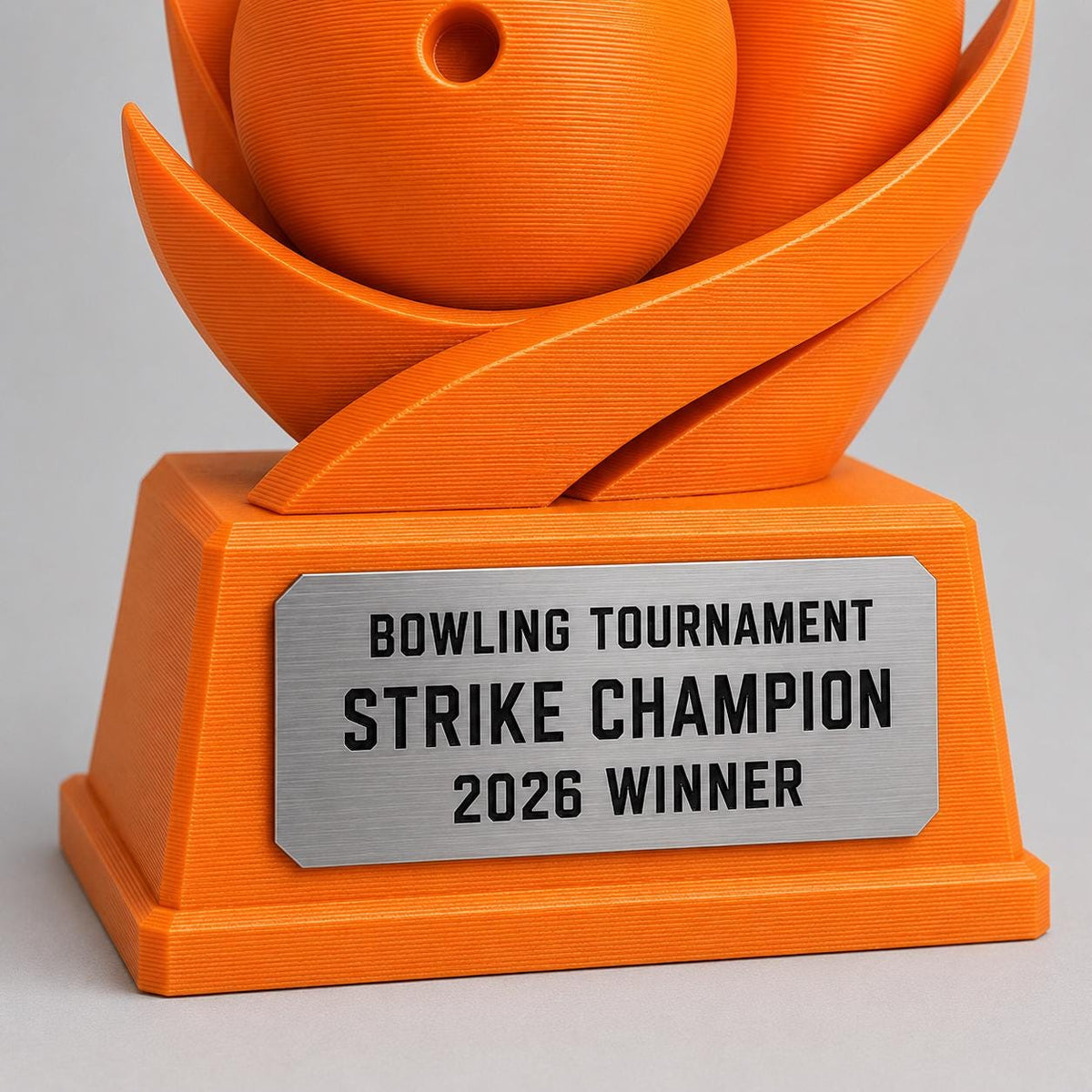 Trofeo Bowling Personalizzato Stampa 3D Arancione | Premio Torneo Bowling Strike Design Birillo | Regalo Giocatore Placca Incisa