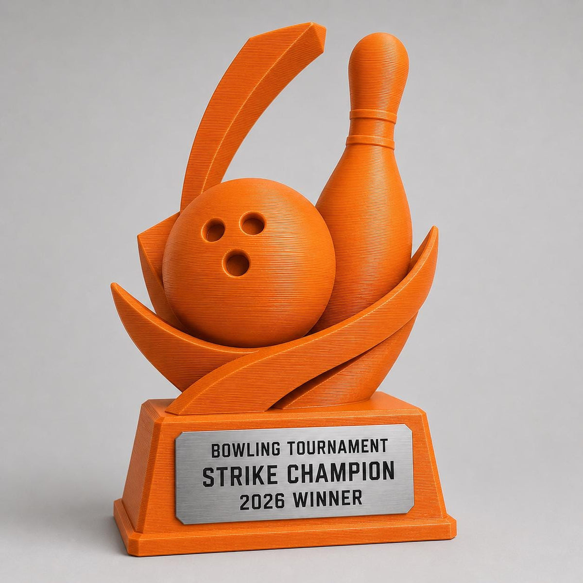 Trofeo Bowling Personalizzato Stampa 3D Arancione | Premio Torneo Bowling Strike Design Birillo | Regalo Giocatore Placca Incisa