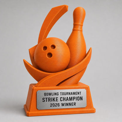 Trofeo Bowling Personalizzato Stampa 3D Arancione | Premio Torneo Bowling Strike Design Birillo | Regalo Giocatore Placca Incisa
