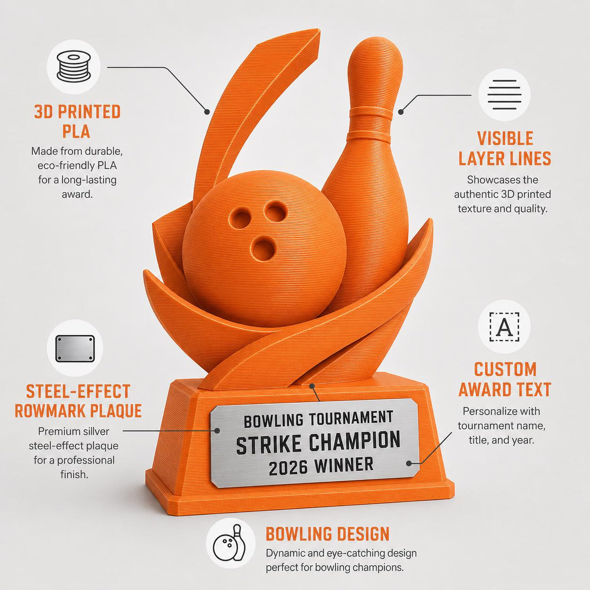 Trofeo Bowling Personalizzato Stampa 3D Arancione | Premio Torneo Bowling Strike Design Birillo | Regalo Giocatore Placca Incisa