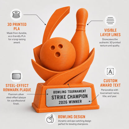 Trofeo Bowling Personalizzato Stampa 3D Arancione | Premio Torneo Bowling Strike Design Birillo | Regalo Giocatore Placca Incisa