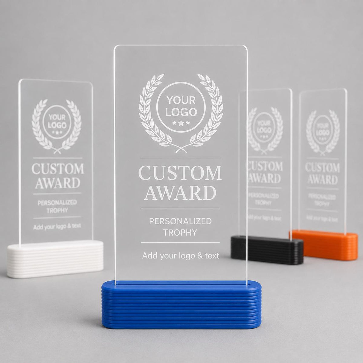 Trofeo personalizzato in plexiglass inciso, premio con logo su base PLA 3D, targa award per sport eventi aziende