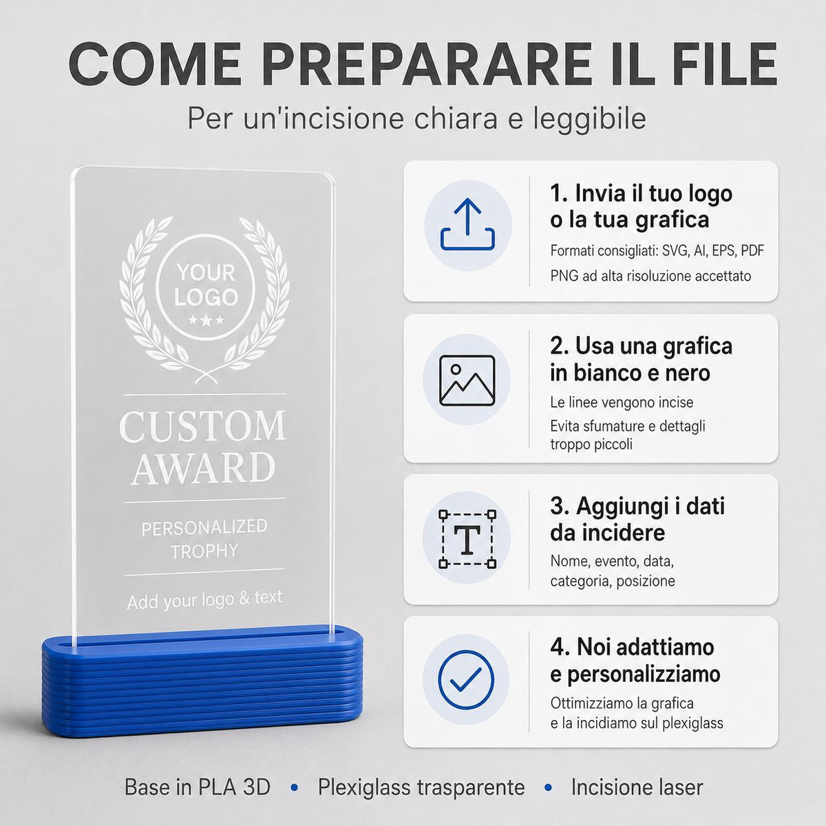 Trofeo aziendale personalizzato in plexiglass inciso, award con logo, premio dipendenti partner, base PLA 3D
