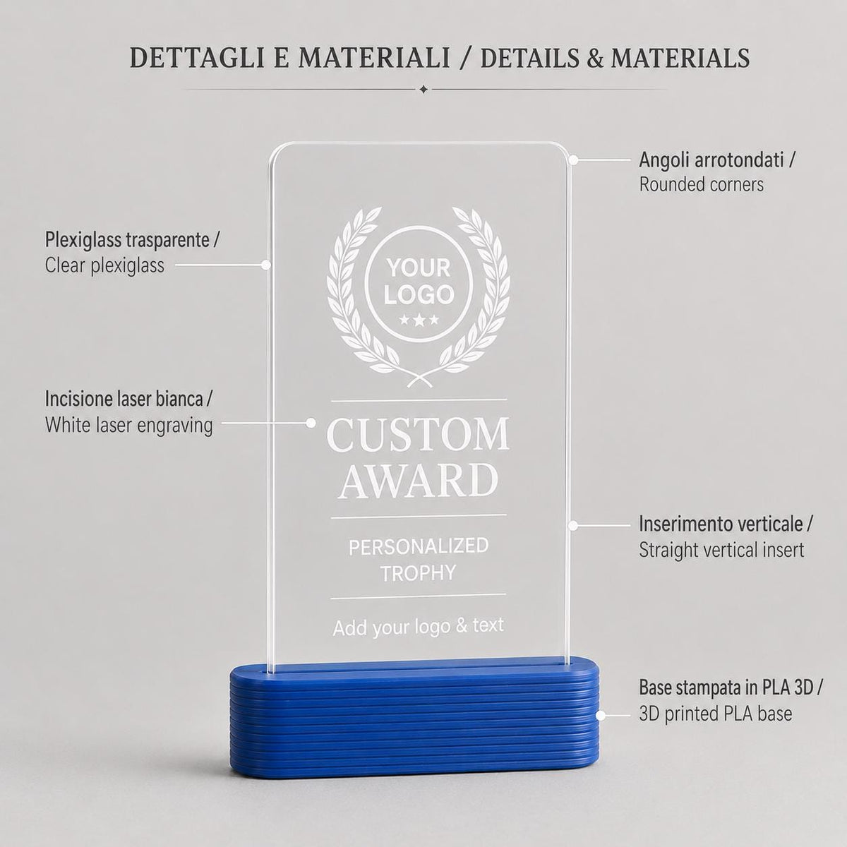 Trofeo aziendale personalizzato in plexiglass inciso, award con logo, premio dipendenti partner, base PLA 3D