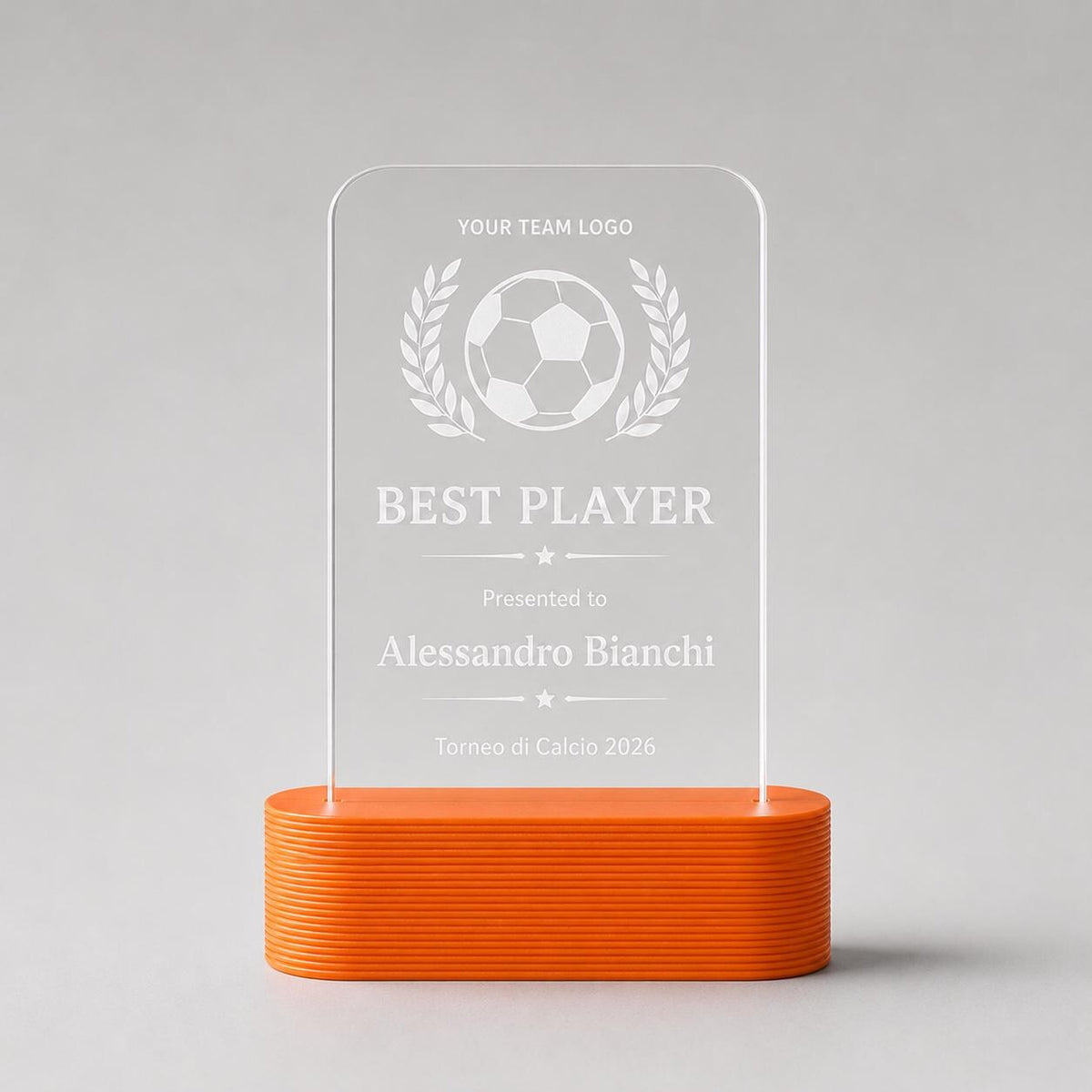 Trofeo sportivo personalizzato in plexiglass inciso, premio MVP con logo squadra, award torneo con base PLA 3D