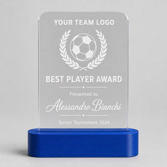 Trofeo calcio personalizzato in plexiglass inciso, premio miglior giocatore MVP con logo squadra, base PLA 3D