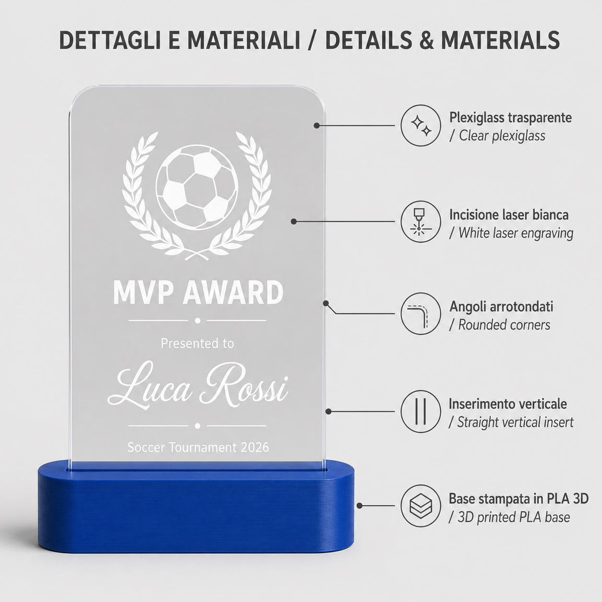 Trofeo calcio personalizzato in plexiglass inciso, premio miglior giocatore MVP con logo squadra, base PLA 3D