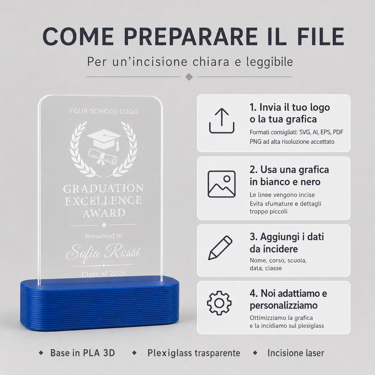 Trofeo laurea personalizzato in plexiglass inciso, premio scuola con nome e logo, award studenti base PLA 3D