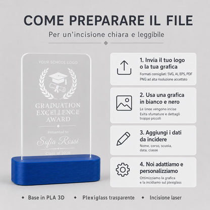 Trofeo laurea personalizzato in plexiglass inciso, premio scuola con nome e logo, award studenti base PLA 3D