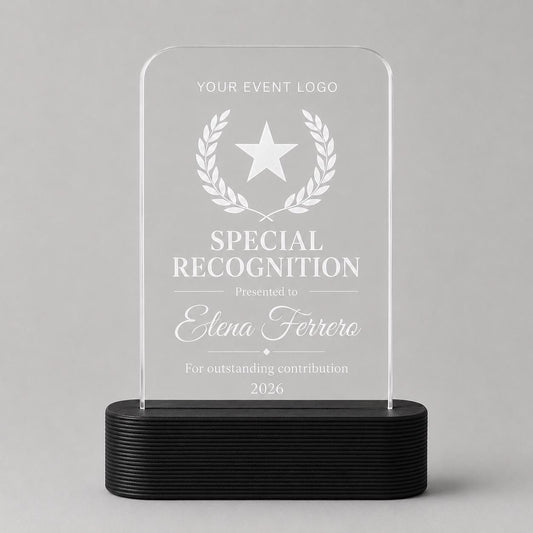 Trofeo evento personalizzato in plexiglass inciso, premio contest concorso con logo, award vincitore base PLA 3D