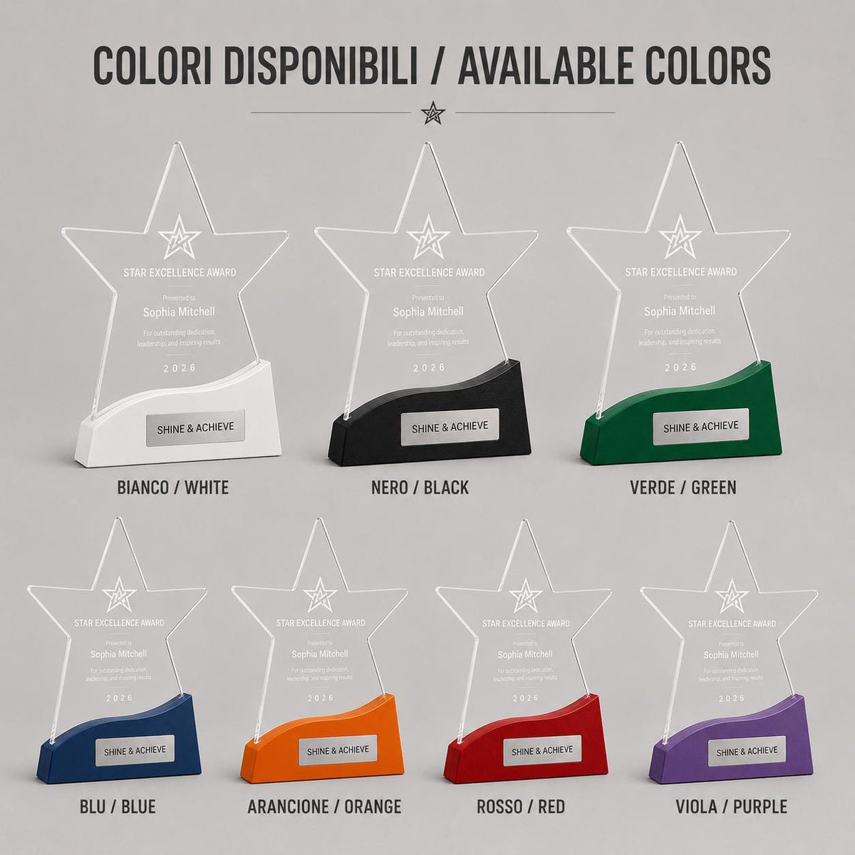 Premio stelle ufficio colorato inciso su plexiglas personalizzato, design personalizzato, targa moderna in plexiglas, personalizzabile targa
