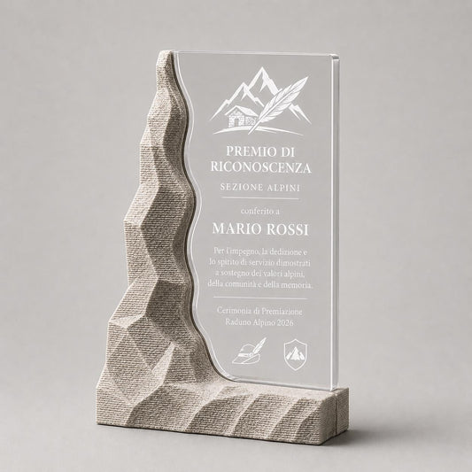 Trofeo Alpini Personalizzato in Plexiglass e PLA Effetto Pietra, Premio di Riconoscimento Montagna Inciso a Laser, Regalo Raduno Alpino 2026