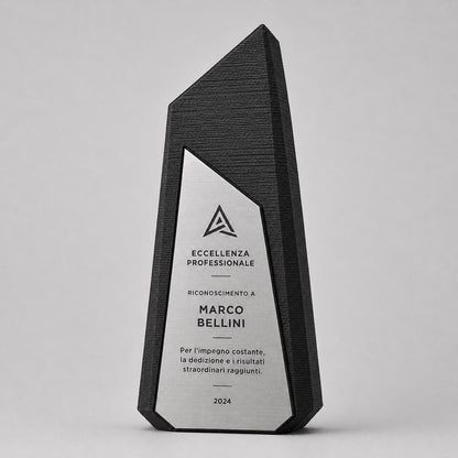 Trofeo Aziendale Personalizzato in Stampa 3D e abs Effetto Acciaio | Premio di Riconoscimento Geometrico Moderno Inciso Laser | Targa Premio
