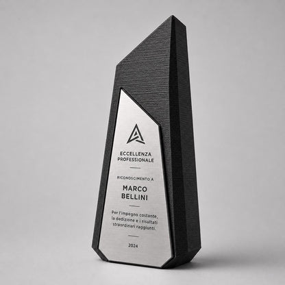 Trofeo Aziendale Personalizzato in Stampa 3D e abs Effetto Acciaio | Premio di Riconoscimento Geometrico Moderno Inciso Laser | Targa Premio