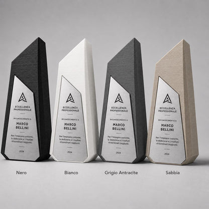 Trofeo Aziendale Personalizzato in Stampa 3D e abs Effetto Acciaio | Premio di Riconoscimento Geometrico Moderno Inciso Laser | Targa Premio