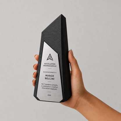 Trofeo Aziendale Personalizzato in Stampa 3D e abs Effetto Acciaio | Premio di Riconoscimento Geometrico Moderno Inciso Laser | Targa Premio