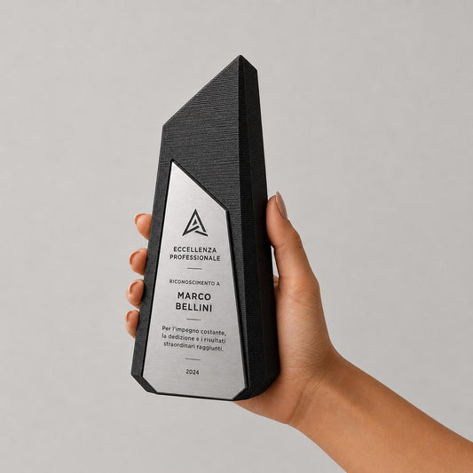 Trofeo Aziendale Personalizzato in Stampa 3D e abs Effetto Acciaio | Premio di Riconoscimento Geometrico Moderno Inciso Laser | Targa Premio