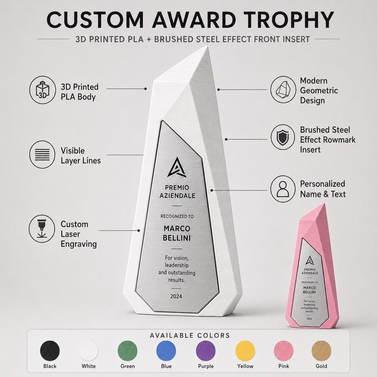 Trofeo Aziendale Personalizzato coloratoe abs Effetto Acciaio | Premio di Riconoscimento Geometrico Moderno Inciso Laser | Targa Premio