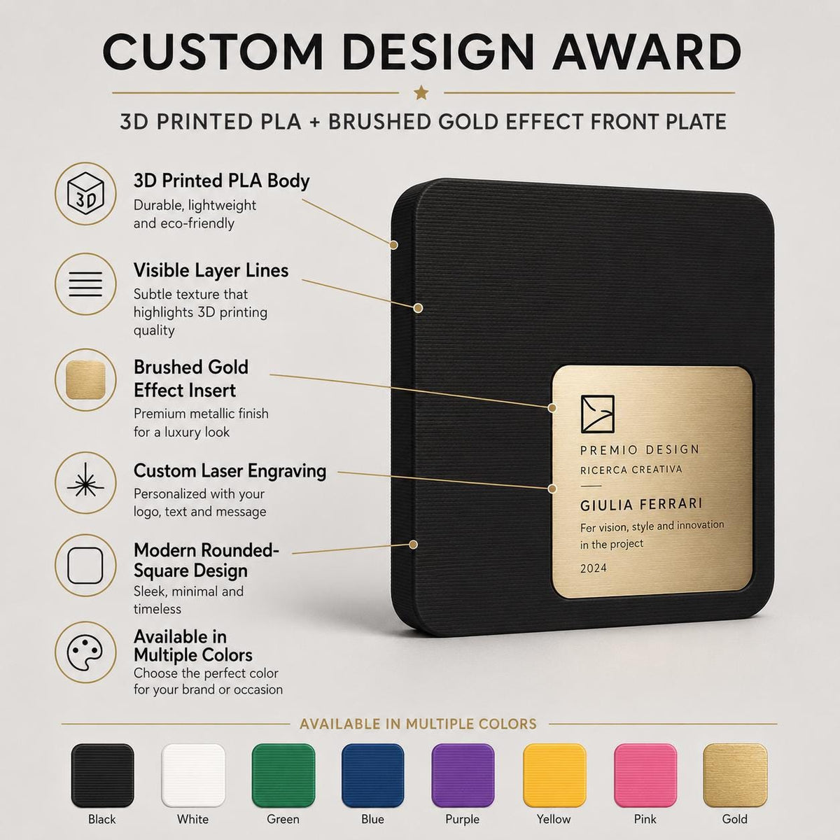 Placca quadro Aziendale Minimalista in Stampa 3D e Acciaio Spazzolato | Trofeo di Riconoscimento Personalizzato Moderno | Premio Leadership