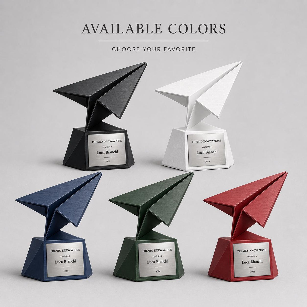 Trofeo Premio Innovazione "Aeroplanino di Carta" in Stampa 3D | Premio Start-Up e Visione Aziendale Personalizzato | Targa Geometrica Modern