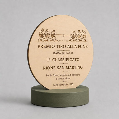 Trofeo in Legno Tondo Personalizzato con Base Stampa 3D, Targa Premiazione Incisa a Laser, Premio Sportivo Eventi e Gare di Paese
