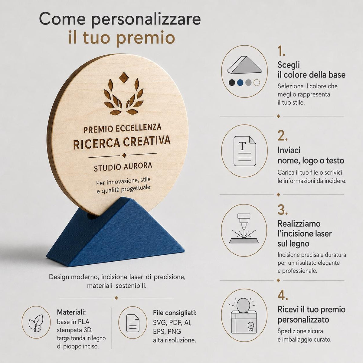 Trofeo ecologici green in Legno Tondo Personalizzato con Base triangolare, Targa Premiazione Incisa a Laser, Premio Sportivi Gare outdoor