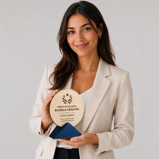 Trofeo in Legno Tondo Personalizzato con Base triangolare, Targa Premiazione Incisa a Laser, Premio Sportivo Eventi e Gare outdoor