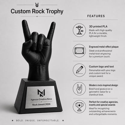 Trofeo Corna Rock Personalizzato Stampa 3D, Premio Agenzia Creativa e Musica, Targa Acciaio Incisa a Laser Rock Award e Contest