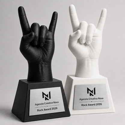 Trofeo Corna Rock Personalizzato Stampa 3D, Premio Agenzia Creativa e Musica, Targa Acciaio Incisa a Laser Rock Award e Contest