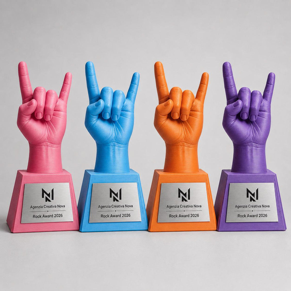 Trofeo Corna Rock Personalizzato Stampa 3D, Premio Agenzia Creativa e Musica, Targa Acciaio Incisa a Laser Rock Award e Contest