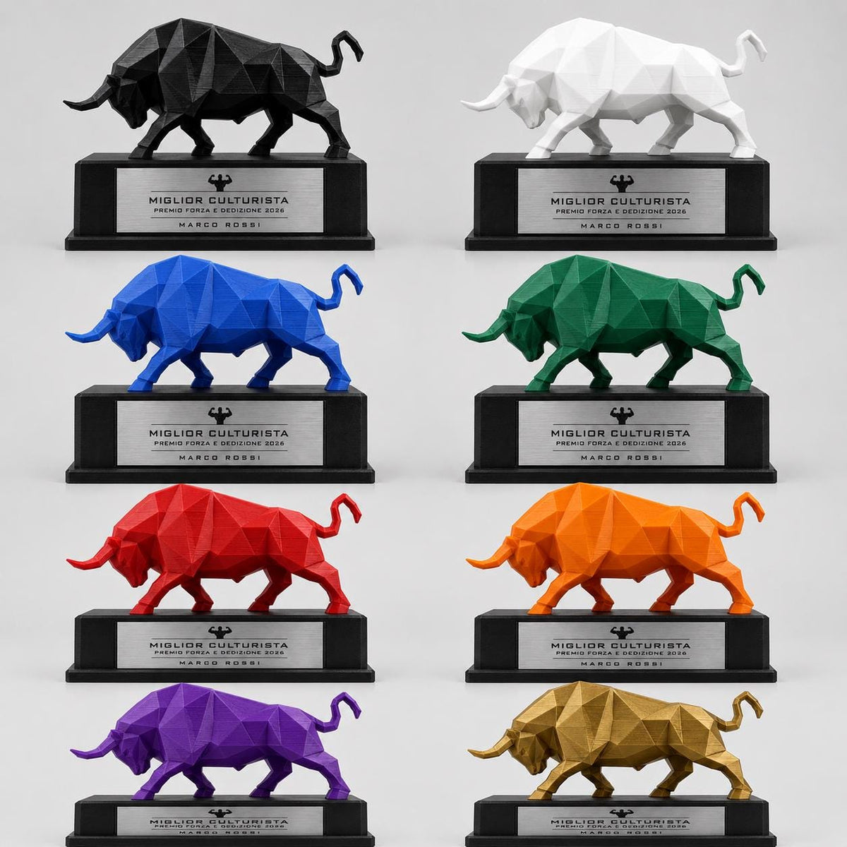 Trofeo Culturismo Toro 3D Personalizzato, Premio Miglior Culturista in PLA con Targhetta Acciaio Incisa