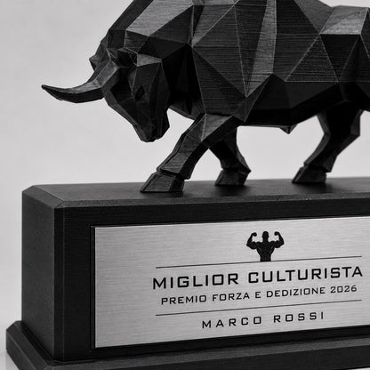 Trofeo Culturismo Toro 3D Personalizzato, Premio Miglior Culturista in PLA con Targhetta Acciaio Incisa