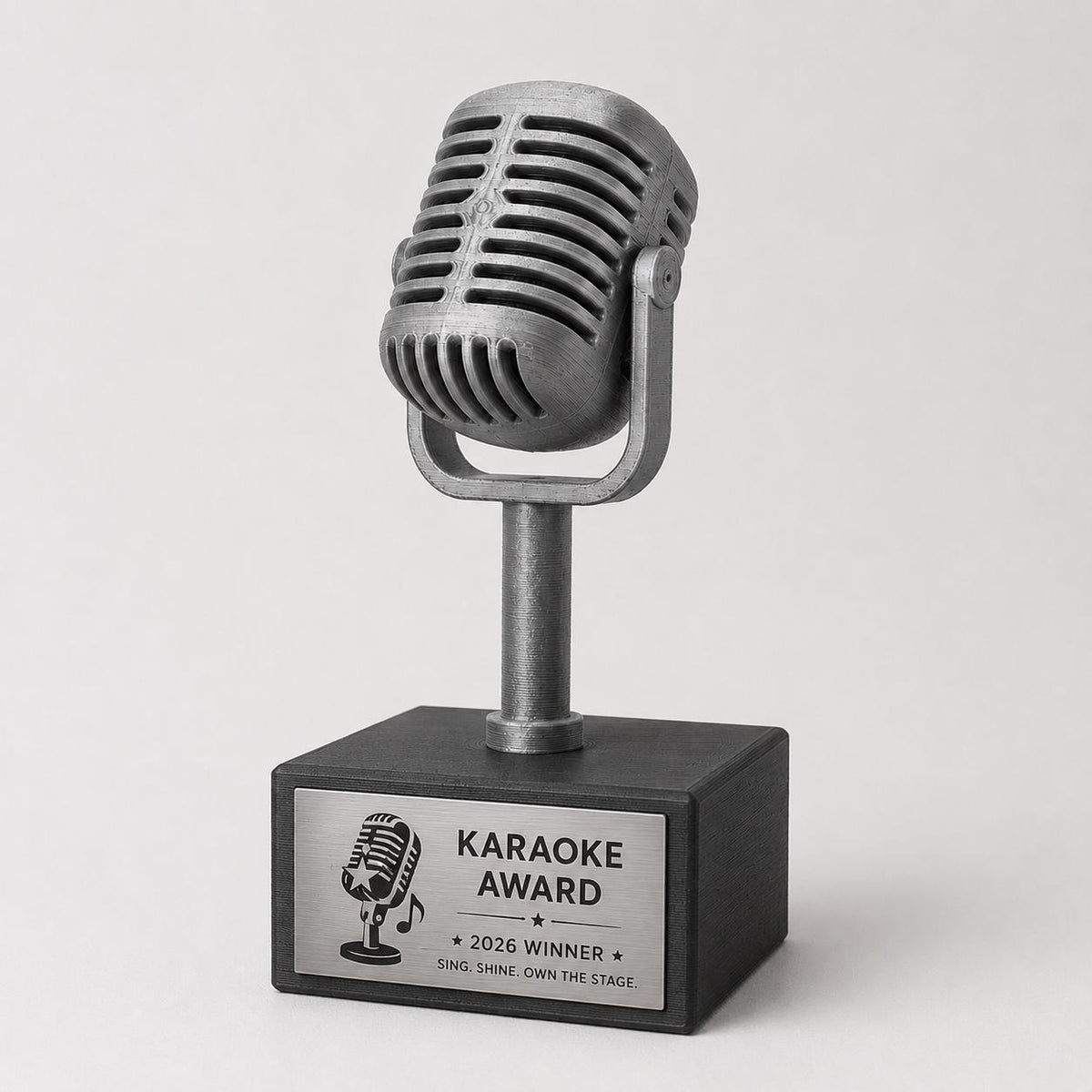 Trofeo Microfono Vintage Personalizzato Stampa 3D, Premio Karaoke Award e Contest Canoro, Targa Acciaio Incisa a Laser Musica e Canto