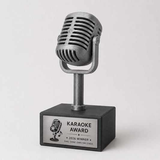 Trofeo Microfono Vintage Personalizzato Stampa 3D, Premio Karaoke Award e Contest Canoro, Targa Acciaio Incisa a Laser Musica e Canto