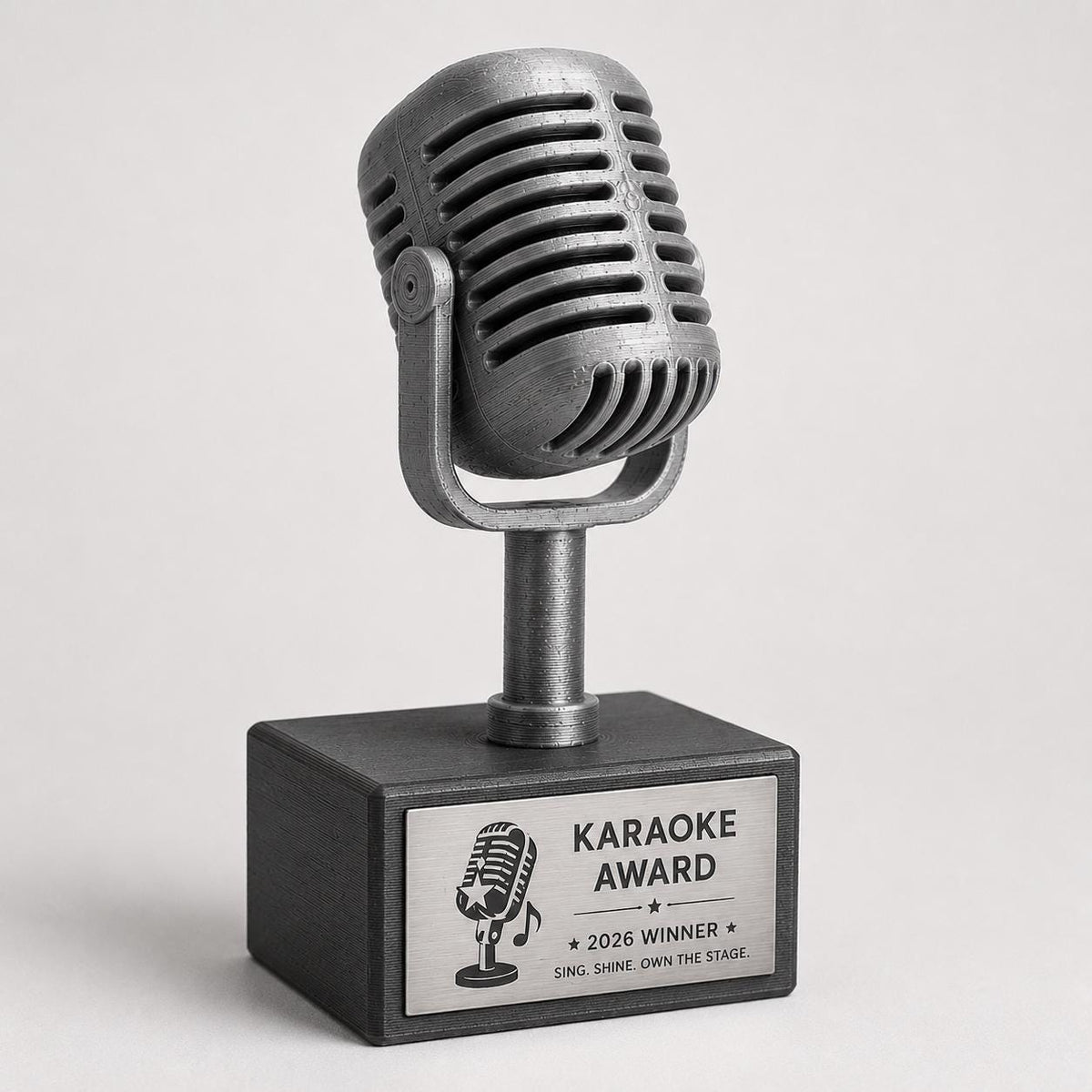 Trofeo Microfono Vintage Personalizzato Stampa 3D, Premio Karaoke Award e Contest Canoro, Targa Acciaio Incisa a Laser Musica e Canto
