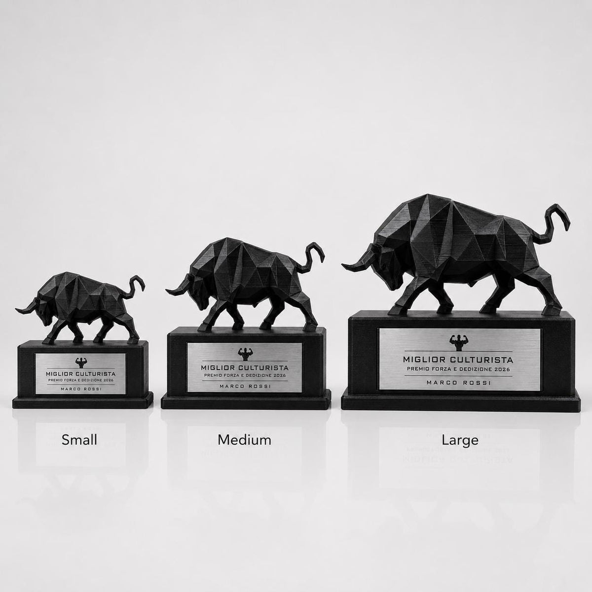 Trofeo Culturismo Toro 3D Personalizzato, Premio Miglior Culturista in PLA con Targhetta Acciaio Incisa