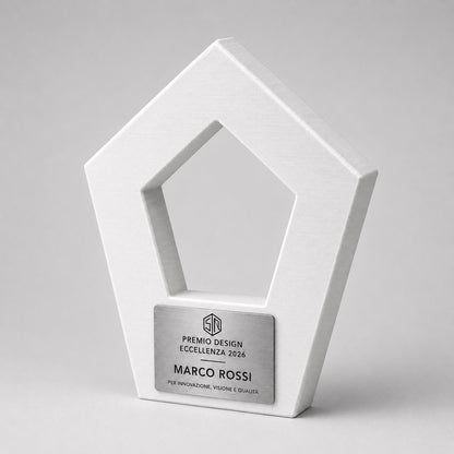 Trofeo Geometrico Pentagonale Stampa 3D Bianco, Premio Design ed Eccellenza Aziendale, Targa Acciaio Incisa a Laser Architettura e Ufficio