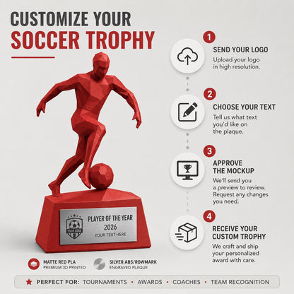 Trofeo Calcio Personalizzato Stampa 3D Rosso, Premio Giocatore dell'Anno in Stile Geometrico Low-Poly, Targa Acciaio Incisa a Laser