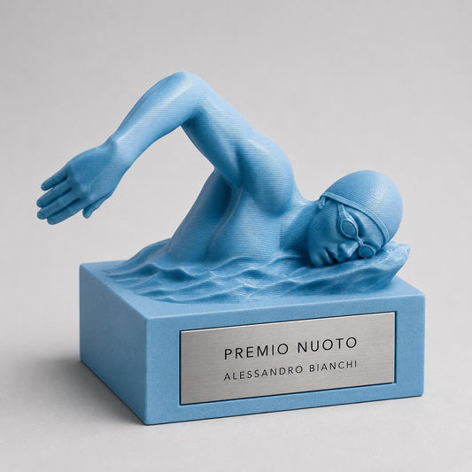 Trofeo Nuoto Personalizzato Stampa 3D Azzurro, Premio Nuotatore Stile Libero Gara e Nuoto Sincronizzato, Targa Acciaio Incisa a Laser