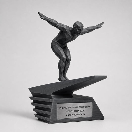 Trofeo Tuffi e Salto dal Trampolino Stampa 3D, Premio Nuoto e Tuffatori in Stile Geometrico Low-Poly, Targa Acciaio Incisa a Laser
