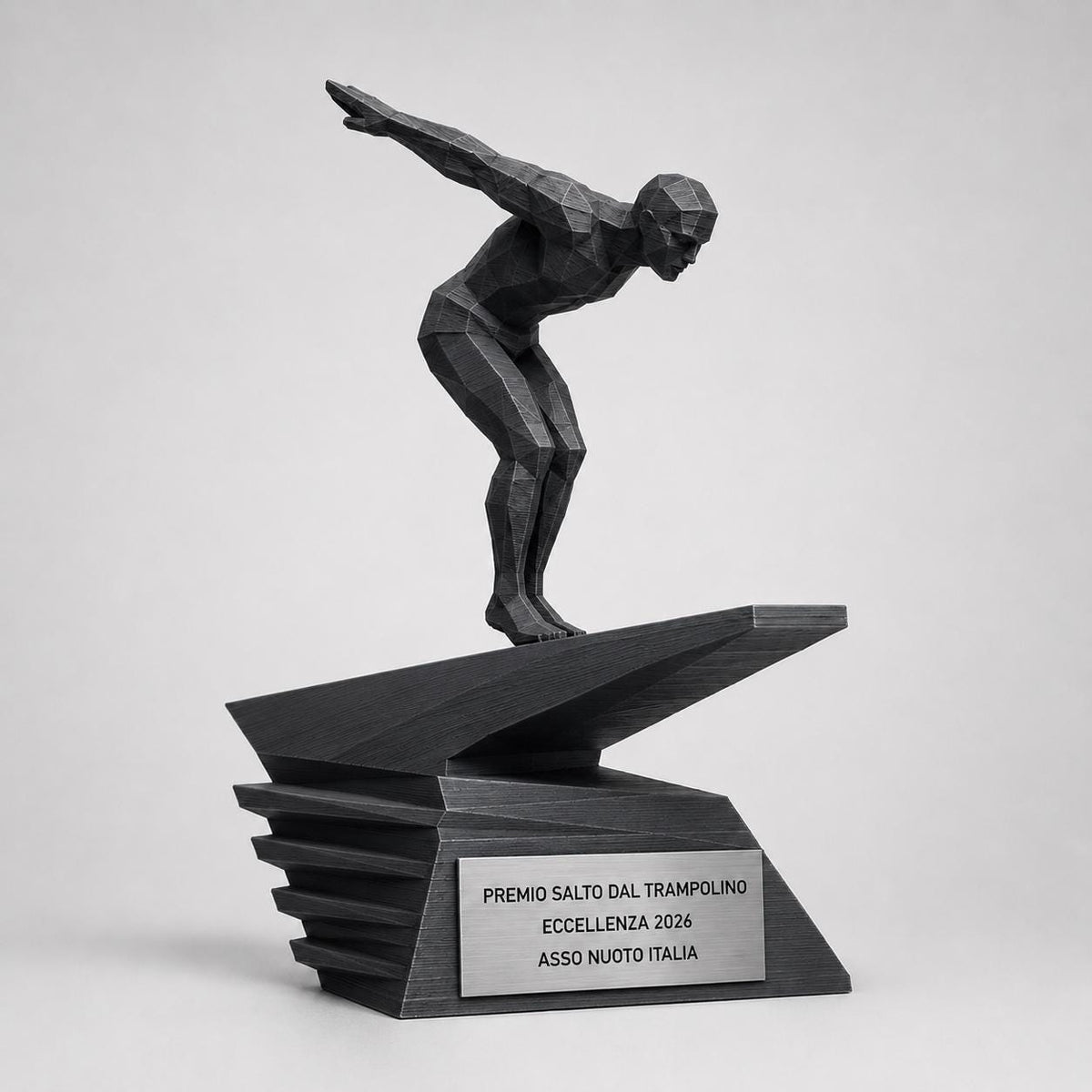 Trofeo Tuffi e Salto dal Trampolino Stampa 3D, Premio Nuoto e Tuffatori in Stile Geometrico Low-Poly, Targa Acciaio Incisa a Laser
