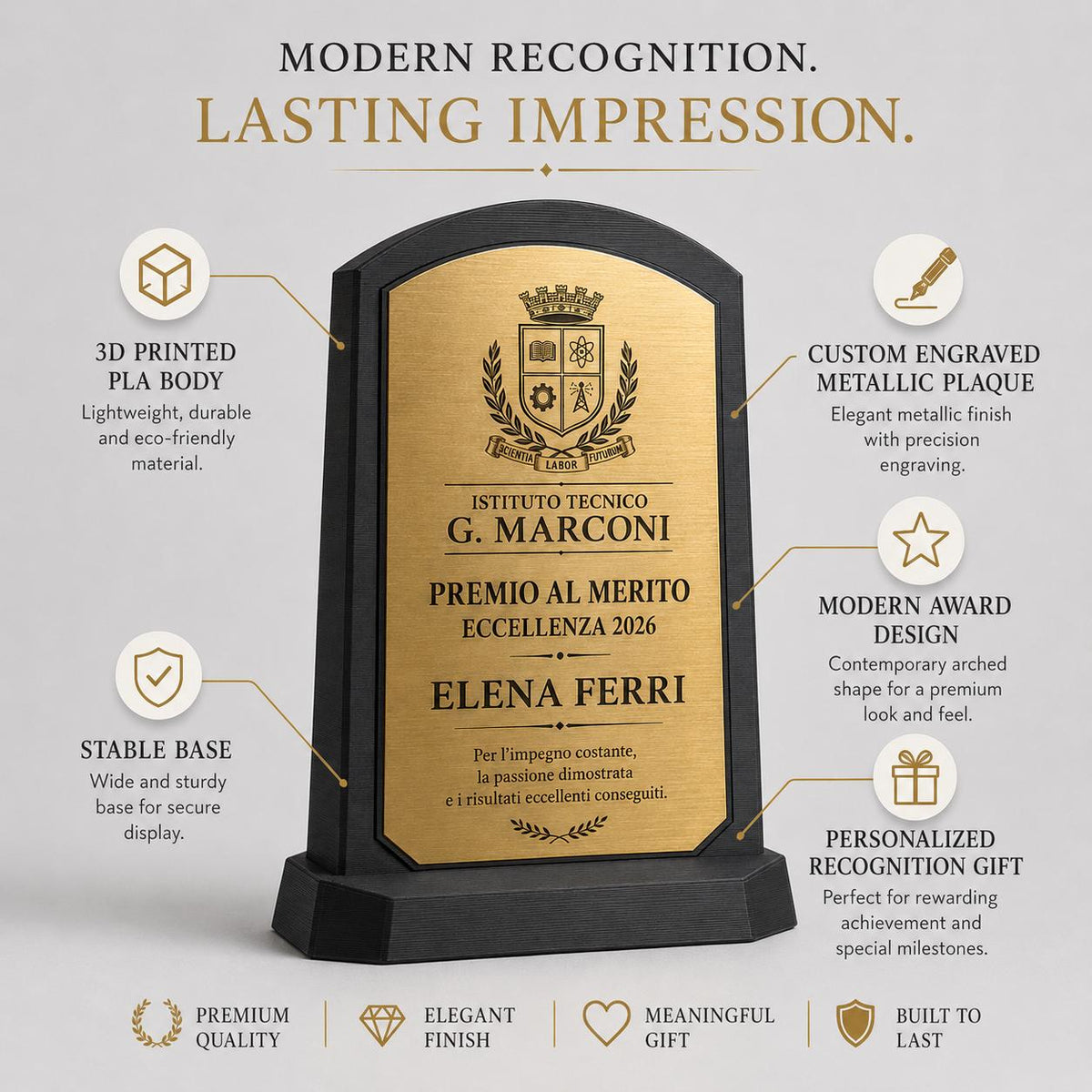 Targa Premio Personalizzata Eccellenza 2026 in abs ottone e Base PLA | Regalo Laurea, Riconoscimento Scolastico e Aziendale Artigianale