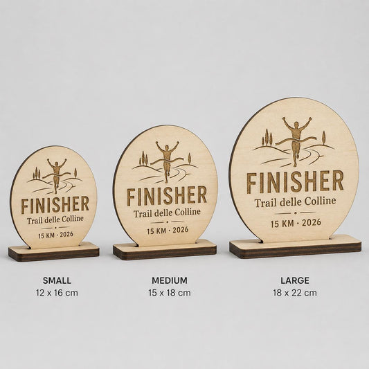 Trofeo Finisher Legno Personalizzato Gara Sportiva Corsa Trail | Premio Maratona e Ciclismo Ecologico, Targa Podismo Incisa Laser