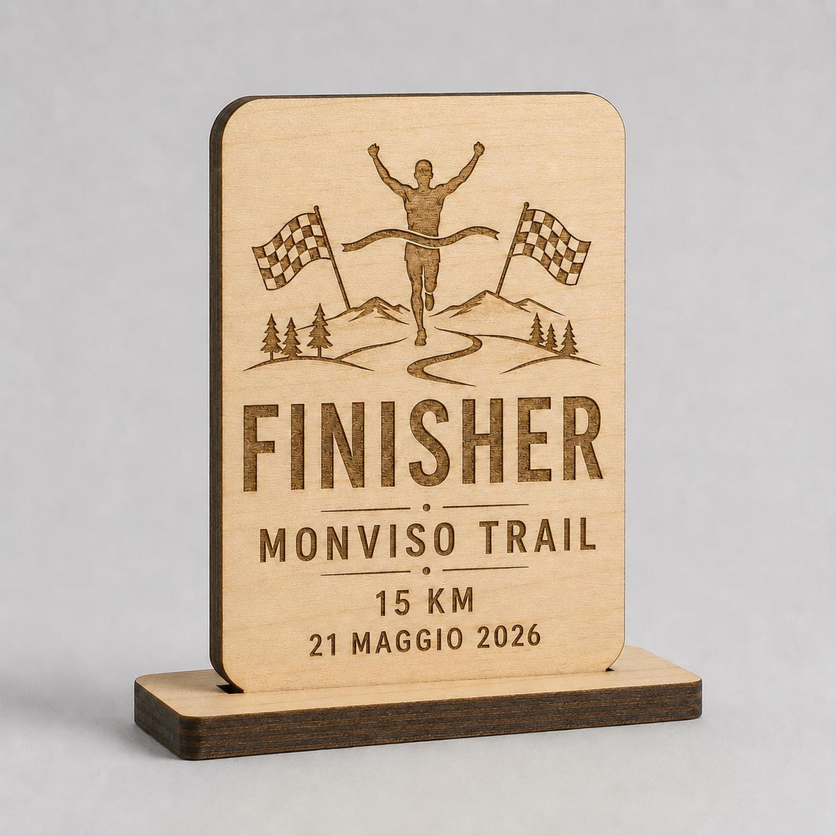 Trofeo Finisher rettangolare Legno Personalizzato Gara Sportiva Corsa Trail | Premio Maratona Ciclismo Ecologico, Targa Podismo Incisa Laser